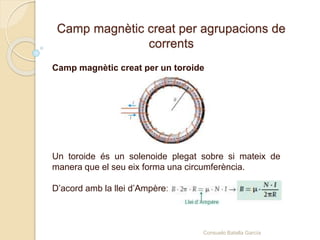 Camp magnètic creat per agrupacions de
corrents
Camp magnètic creat per un toroide
Un toroide és un solenoide plegat sobre si mateix de
manera que el seu eix forma una circumferència.
D’acord amb la llei d’Ampère:
Consuelo Batalla García
 