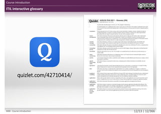 ITIL interactive glossary
Course introduction
quizlet.com/42710414/
M00 - Course introduction 12/13 | 12/370
 