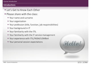Course objectives
Course introduction
 Getting to know the ITIL and it’s processes
and functions of the model
 Understanding terminology and scope
 Introduction to service management
 Understanding the ITIL process model
Main goal
 Attempt Foundation exam with confidence
 Communicate freely within ITIL,
understanding its principles and philosophy
Secondary goal
 Benefits and value of service management
and ITIL
M00 - Course introduction 3/13 | 3/370
 