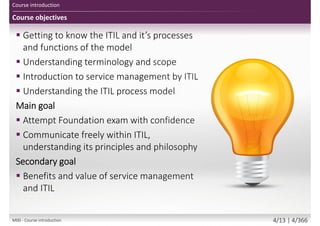 Course introduction
Let’s Get to Know Each Other
 Please share with the class:
 Your name and surname
 Your organization
 Your profession
 Title, function, job responsibilities
 Your background in IT
 Your familiarity with the ITIL
 Your familiarity with the IT service
management
 Your experience with ITIL/YASM/USMBoK
 Your personal session expectations
M00 - Course introduction 4/13 | 4/370
 