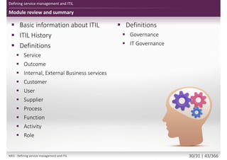Module review and summary
 Basic information about ITIL
 ITIL History
 Definitions
 Service
 Outcome
 Internal, External Business services
 Customer
 User
 Supplier
 Process
 Function
 Activity
 Role
 Definitions
 Governance
 IT Governance
Defining service management and ITIL
M01 - Defining service management and ITIL 32/34 | 45/370
 