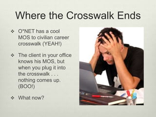 Where the Crosswalk Ends
 O*NET has a cool
MOS to civilian career
crosswalk (YEAH!)
 The client in your office
knows his MOS, but
when you plug it into
the crosswalk . . .
nothing comes up.
(BOO!)
 What now?
 