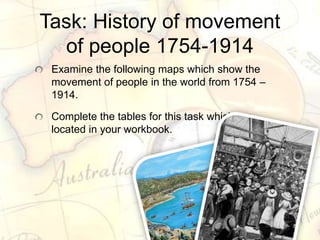 Task: History of movement
of people 1754-1914
Examine the following maps which show the
movement of people in the world from 1754 –
1914.
Complete the tables for this task which are
located in your workbook.
 