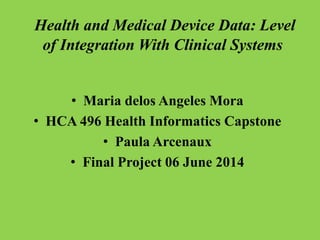 Health and Medical Device Data: Level
of Integration With Clinical Systems
• Maria delos Angeles Mora
• HCA 496 Health Informatics Capstone
• Paula Arcenaux
• Final Project 06 June 2014
 