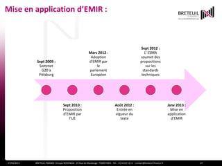 Mise en application d’EMIR :



                                                                                                              Sept 2012 :
                                                              Mars 2012 :                                        L’ ESMA
                                                               Adoption                                       soumet des
              Sept 2009 :                                     d’EMIR par                                      propositions
               Sommet                                             le                                              sur les
                 G20 à                                        parlement                                         standards
               Pittsburg                                       Européen                                        techniques




                                      Sept 2010 :                                      Août 2012 :                                     Janv 2013 :
                                      Proposition                                       Entrée en                                        Mise en
                                      d’EMIR par                                       vigueur du                                      application
                                         l’UE                                             texte                                          d’EMIR




27/03/2013   BRETEUIL FINANCE Groupe NOVENCIA - 25 Rue de Maubeuge 75009 PARIS - Tél. : 01 44 63 53 13 - contact@breteuil-finance.fr                 27
 