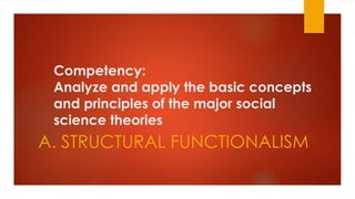 Competency:
Analyze and apply the basic concepts
and principles of the major social
science theories
A. STRUCTURAL FUNCTIONALISM
 