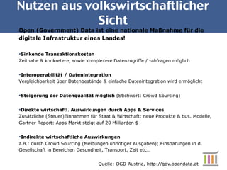 Nutzen aus volkswirtschaftlicher Sicht Open (Government) Data ist eine nationale Maßnahme für die digitale Infrastruktur eines Landes! Sinkende Transaktionskosten Zeitnahe & konkretere, sowie komplexere Datenzugriffe / -abfragen möglich  Interoperabilität / Datenintegration Vergleichbarkeit über Datenbestände & einfache Datenintegration wird ermöglicht  Steigerung der Datenqualität möglich  (Stichwort: Crowd Sourcing) Direkte wirtschaftl. Auswirkungen durch Apps & Services Zusätzliche (Steuer)Einnahmen für Staat & Wirtschaft: neue Produkte & bus. Modelle, Gartner Report: Apps Markt steigt auf 20 Milliarden $ Indirekte wirtschaftliche Auswirkungen  z.B.: durch Crowd Sourcing (Meldungen unnötiger Ausgaben); Einsparungen in d. Gesellschaft in Bereichen Gesundheit, Transport, Zeit etc… Quelle: OGD Austria, http://gov.opendata.at 