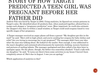 24
Andrew Pole was hired by Target in 2002. Using analytics, he figured out certain patterns in
Target’s sales. He identified about 25 products that, when analyzed together, allowed him to
assign each shopper a “pregnancy prediction” score. More important, he could also estimate
the shopper’s due date to within a small window, so Target could send coupons timed to very
specific stages of her pregnancy.
A Target manager received an angry phone call from a parent: “My daughter got this in the
mail!” he said. “She’s still in high school, and you’re sending her coupons for baby clothes and
cribs? Are you trying to encourage her to get pregnant?” The manager didn’t have any idea
what the man was talking about. He looked at the mailer. Sure enough, it was addressed to
the man’s daughter and contained advertisements for maternity clothing, nursery furniture
and pictures of smiling infants. The manager apologized and then called a few days later to
apologize again. On the phone, though, the father was somewhat abashed. “I had a talk with
my daughter,” he said. “It turns out there’s been some activities in my house I haven’t been
completely aware of. She’s due in August. I owe you an apology.”
Which application of analytics is this?
 