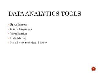  Spreadsheets
 Query languages
 Visualization
 Data Mining
 It’s all very technical! I know
36
 