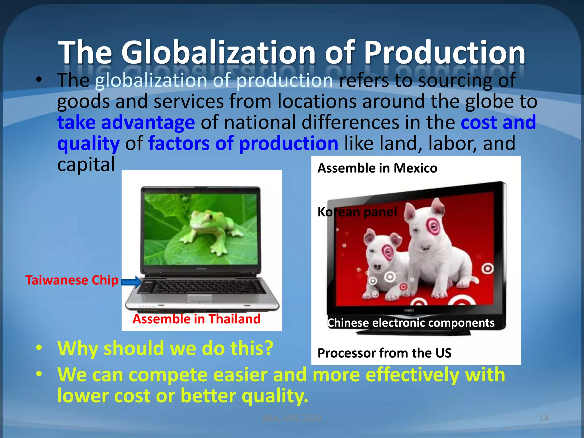 The Globalization of ProductionThe globalization of production refers to sourcing of goods and services from locations around the globe to take advantage of national differences in the cost and quality of factors of production like land, labor, and capitalWhy should we do this?We can compete easier and more effectively with lower cost or better quality.Assemble in MexicoKorean panelTaiwanese ChipAssemble in ThailandChinese electronic componentsProcessor from the US14BBA, MIB 2010
