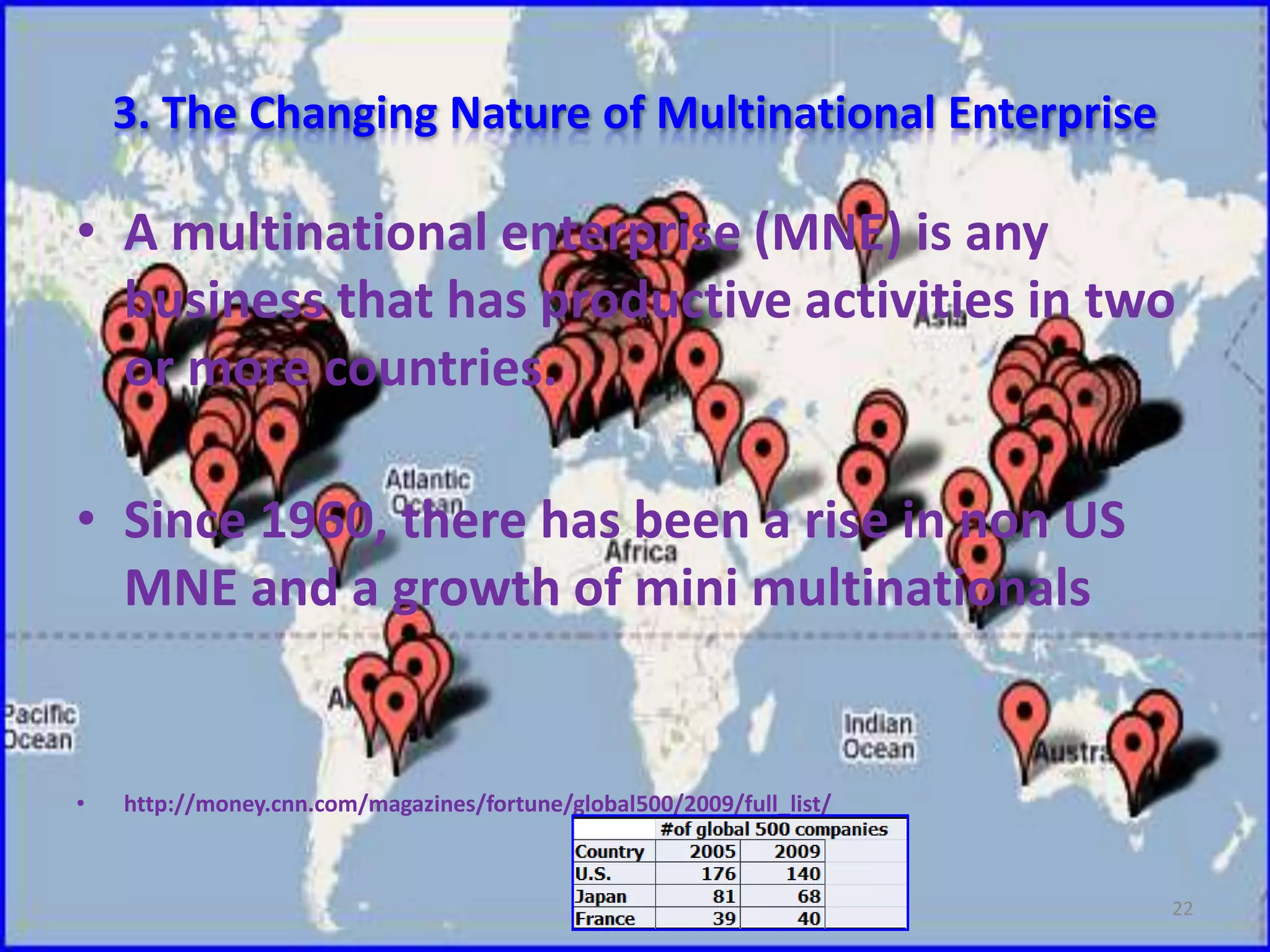 3. The Changing Nature of Multinational EnterpriseA multinational enterprise (MNE) is any business that has productive activities in two or more countries. Since 1960, there has been a rise in non US MNE and a growth of mini multinationalshttp://money.cnn.com/magazines/fortune/global500/2009/full_list/BBA, MIB 201022