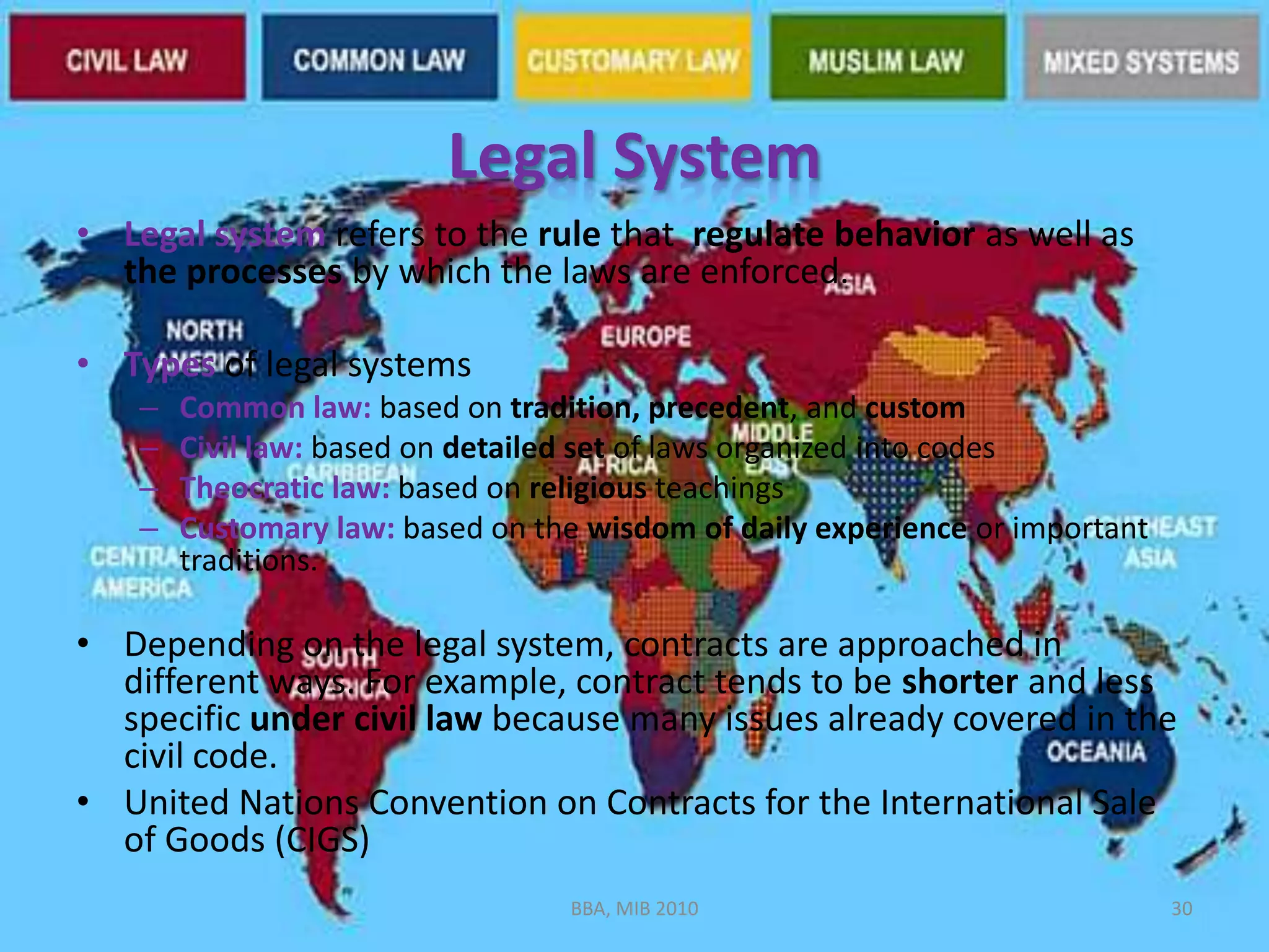 Legal SystemLegal system refers to the rule that  regulate behavior as well as the processes by which the laws are enforced. Types of legal systemsCommon law: based on tradition, precedent, and customCivil law: based on detailed set of laws organized into codesTheocratic law: based on religious teachingsCustomary law: based on the wisdom of daily experience or important traditions. Depending on the legal system, contracts are approached in different ways. For example, contract tends to be shorter and less specific under civil law because many issues already covered in the civil code.United Nations Convention on Contracts for the International Sale of Goods (CIGS)BBA, MIB 201030