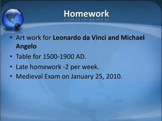 Homework

• Art work for Leonardo da Vinci and Michael
  Angelo
• Table for 1500-1900 AD.
• Late homework -2 per week.
• Medieval Exam on January 25, 2010.
 