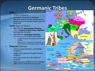 Germanic Tribes
•   Goth:
     – Visigoth (Odoacer)
     – Ostrogoth (Theodoric) defeated
       Odoacer and set up the capital city at
       Ravenna (until Justinian fought back for
       Byzantine
•   Frank: Gaul or France
     – 500-750 AD. Merovingian Dynasty:
       Clovis: Largest empire, Paris, Baptized
       and became Christian
     – 750-900 AD. Carolingian Dynasty:
       Charlemagne or Charles the Great
            •   Fought 30 years to create the Christian
                empire
            •   Pope Leo III crowned him Emperor of
                the Romans on Christmas day in 800 AD
•   Ottonian: German
     – Viking invaded Western and Middle
       Kingdoms
     – Magyars(Hungarian) invaded Eastern
       Kingdom
     – Otto I (German) won the battle of
       Lechfeld
     – Pope was very satisfied so he crowned
       Otto I as the Holy Roman Emperor
 