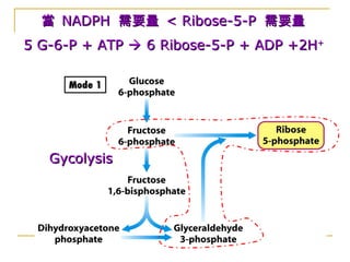 GycolysisGycolysis
當當 NADPHNADPH 需要量需要量 < Ribose-5-P< Ribose-5-P 需要量需要量
5 G-6-P + ATP5 G-6-P + ATP  6 Ribose-5-P + ADP +2H6 Ribose-5-P + ADP +2H++
 