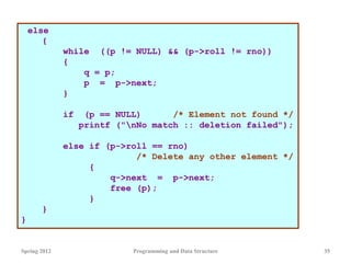 Spring 2012 Programming and Data Structure 35
else
{
while ((p != NULL) && (p->roll != rno))
{
q = p;
p = p->next;
}
if (p == NULL) /* Element not found */
printf ("nNo match :: deletion failed");
else if (p->roll == rno)
/* Delete any other element */
{
q->next = p->next;
free (p);
}
}
}
 
