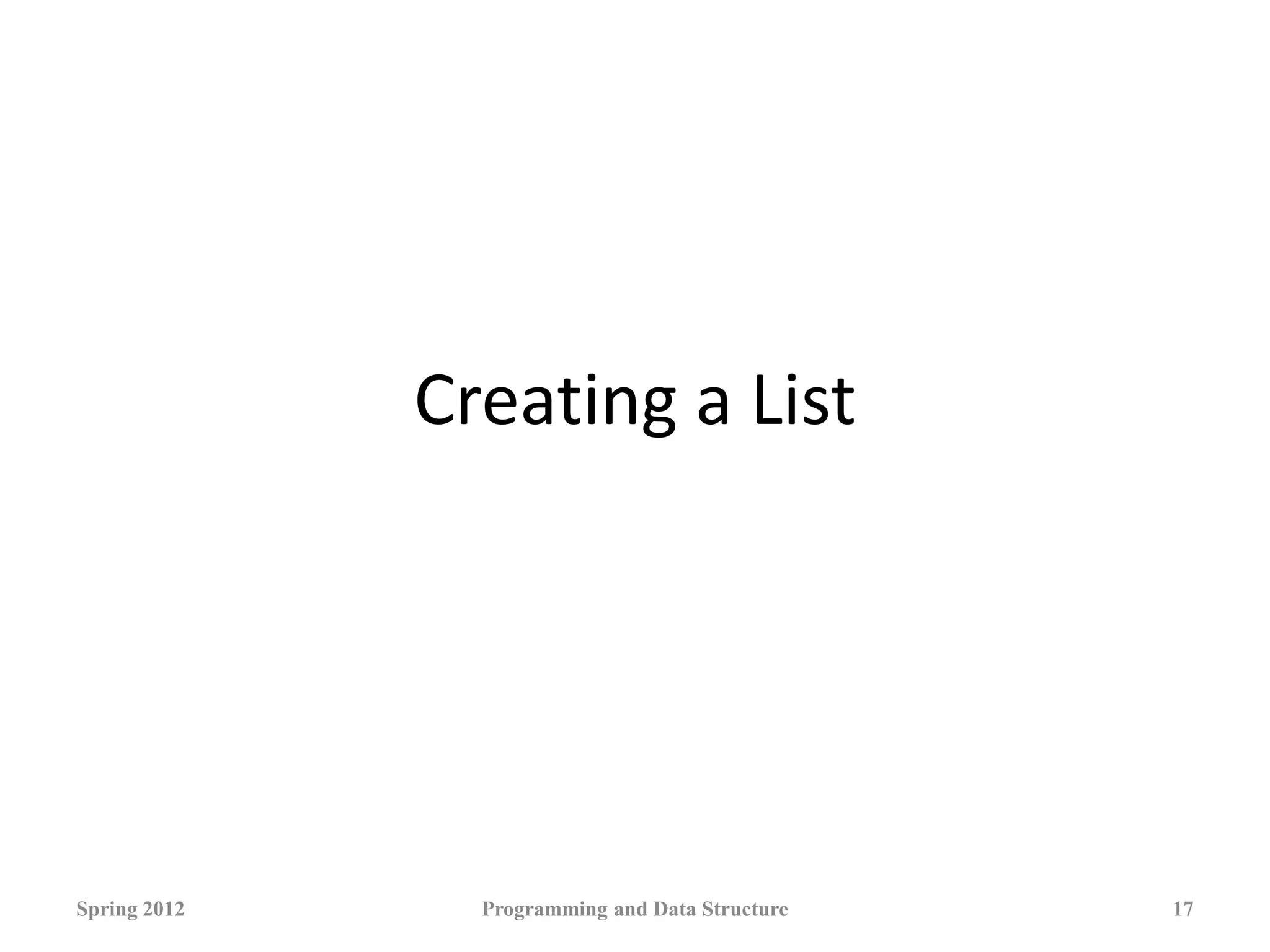 Creating a List
Spring 2012 Programming and Data Structure 17
 