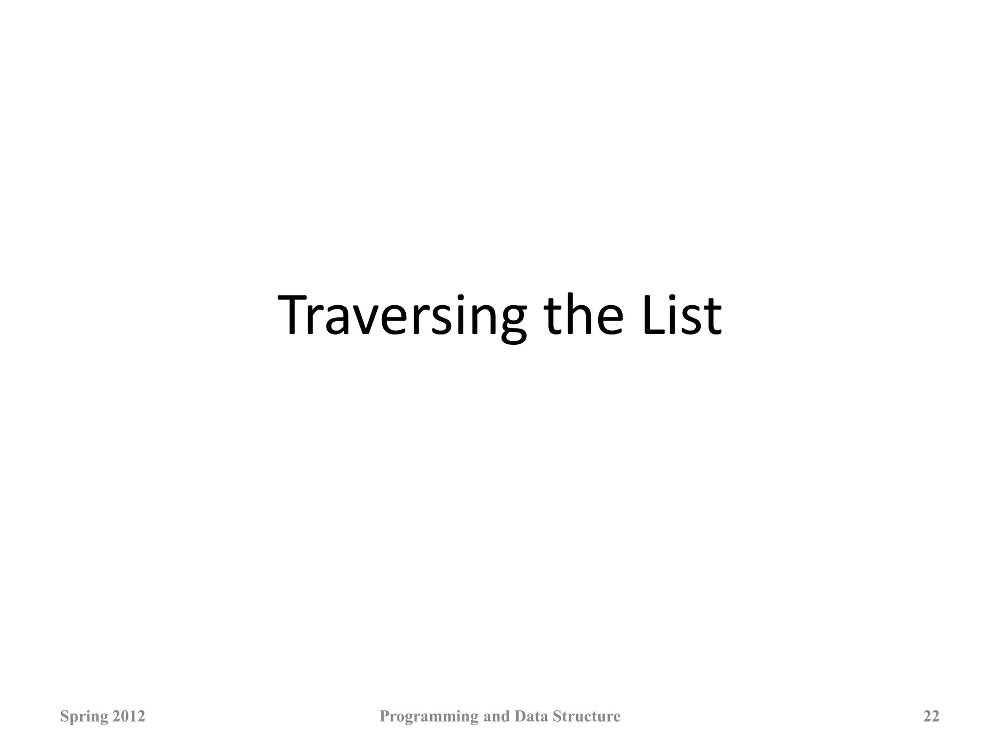 Traversing the List
Spring 2012 Programming and Data Structure 22
 