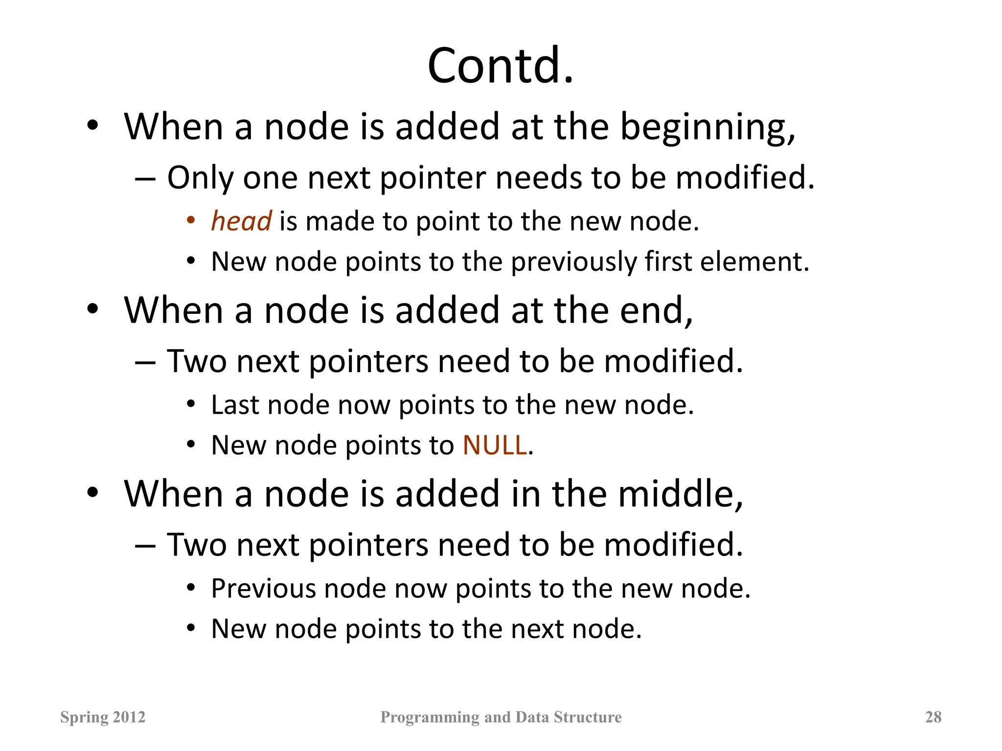 Contd.
• When a node is added at the beginning,
– Only one next pointer needs to be modified.
• head is made to point to the new node.
• New node points to the previously first element.
• When a node is added at the end,
– Two next pointers need to be modified.
• Last node now points to the new node.
• New node points to NULL.
• When a node is added in the middle,
– Two next pointers need to be modified.
• Previous node now points to the new node.
• New node points to the next node.
Spring 2012 Programming and Data Structure 28
 