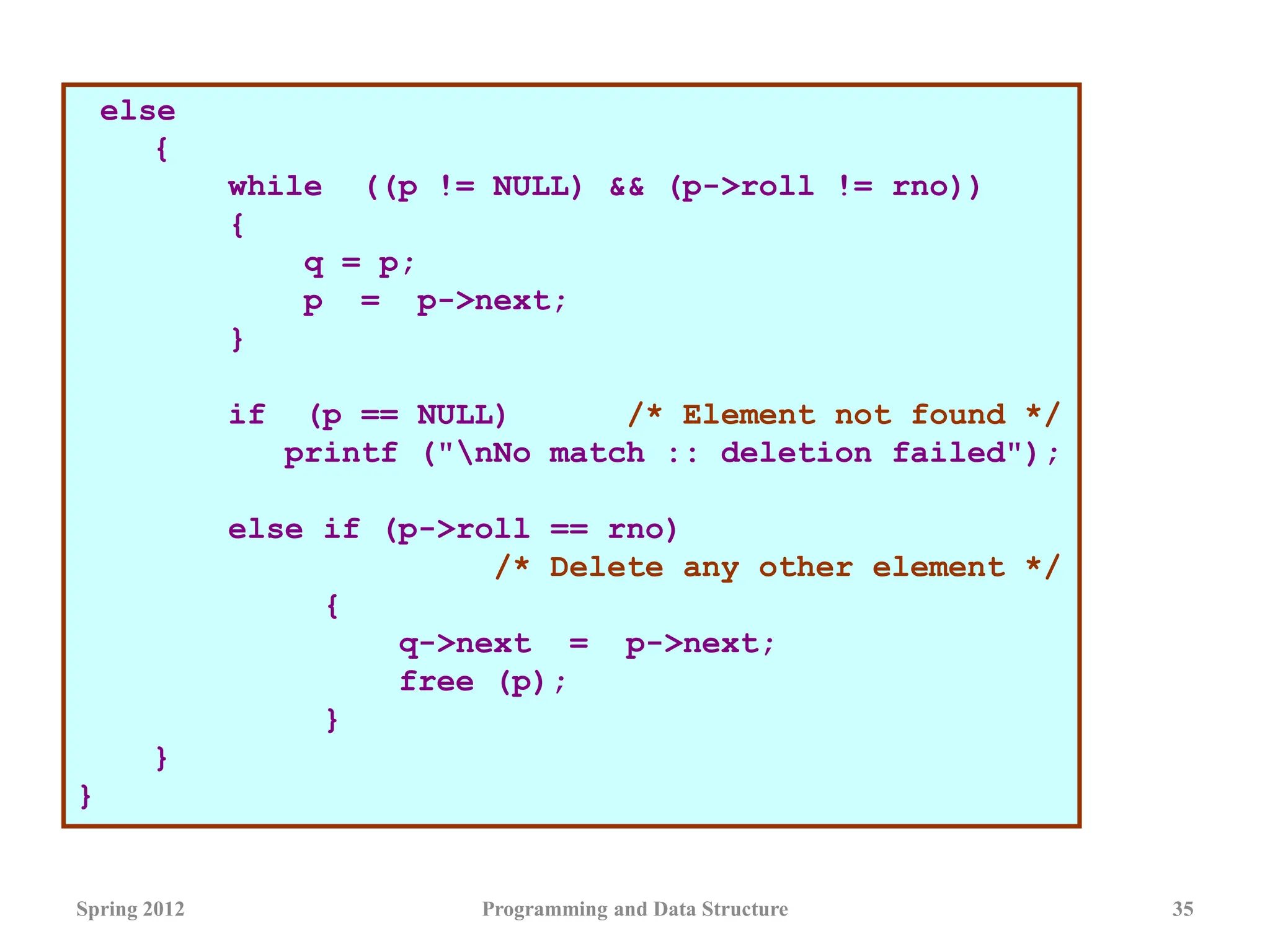 Spring 2012 Programming and Data Structure 35
else
{
while ((p != NULL) && (p->roll != rno))
{
q = p;
p = p->next;
}
if (p == NULL) /* Element not found */
printf ("nNo match :: deletion failed");
else if (p->roll == rno)
/* Delete any other element */
{
q->next = p->next;
free (p);
}
}
}
 
