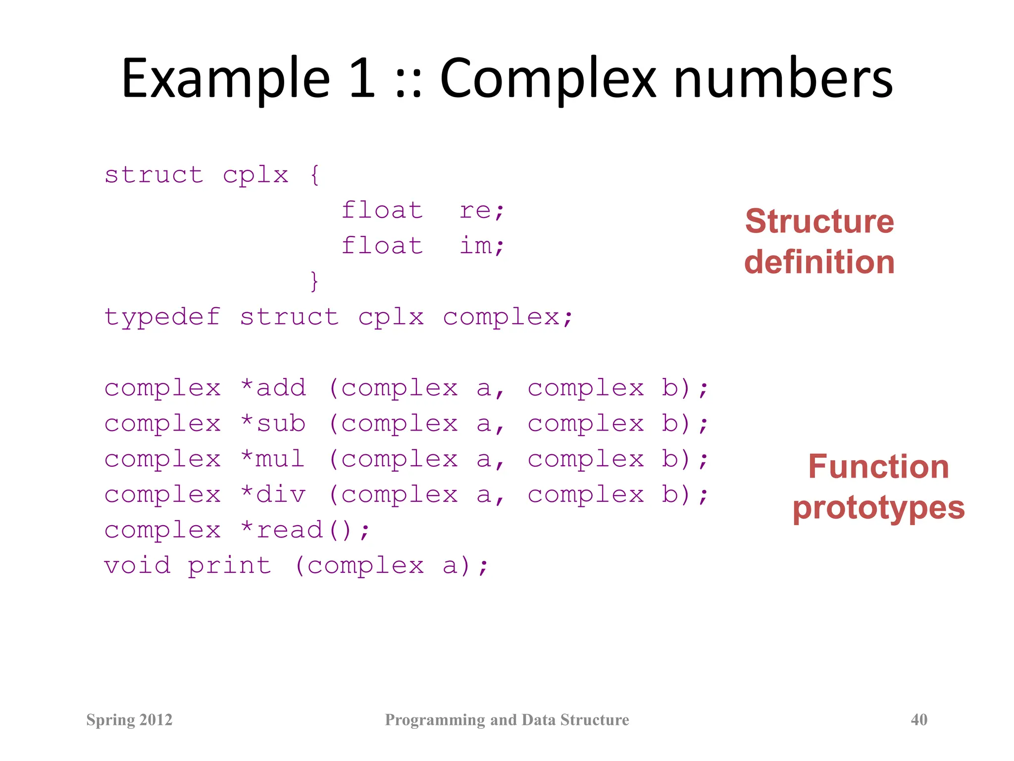 Example 1 :: Complex numbers
struct cplx {
float re;
float im;
}
typedef struct cplx complex;
complex *add (complex a, complex b);
complex *sub (complex a, complex b);
complex *mul (complex a, complex b);
complex *div (complex a, complex b);
complex *read();
void print (complex a);
Spring 2012 Programming and Data Structure 40
Structure
definition
Function
prototypes
 