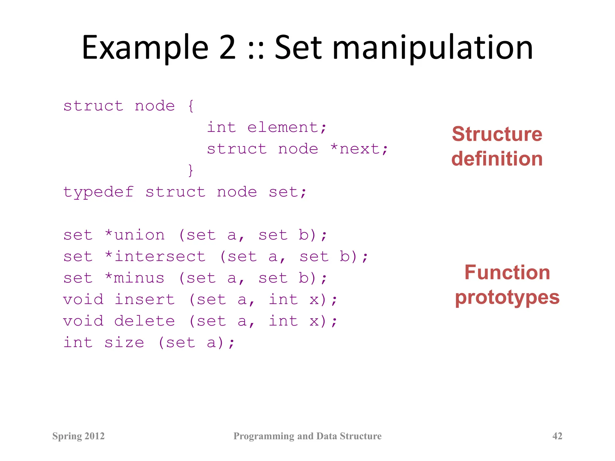 Example 2 :: Set manipulation
struct node {
int element;
struct node *next;
}
typedef struct node set;
set *union (set a, set b);
set *intersect (set a, set b);
set *minus (set a, set b);
void insert (set a, int x);
void delete (set a, int x);
int size (set a);
Spring 2012 Programming and Data Structure 42
Structure
definition
Function
prototypes
 