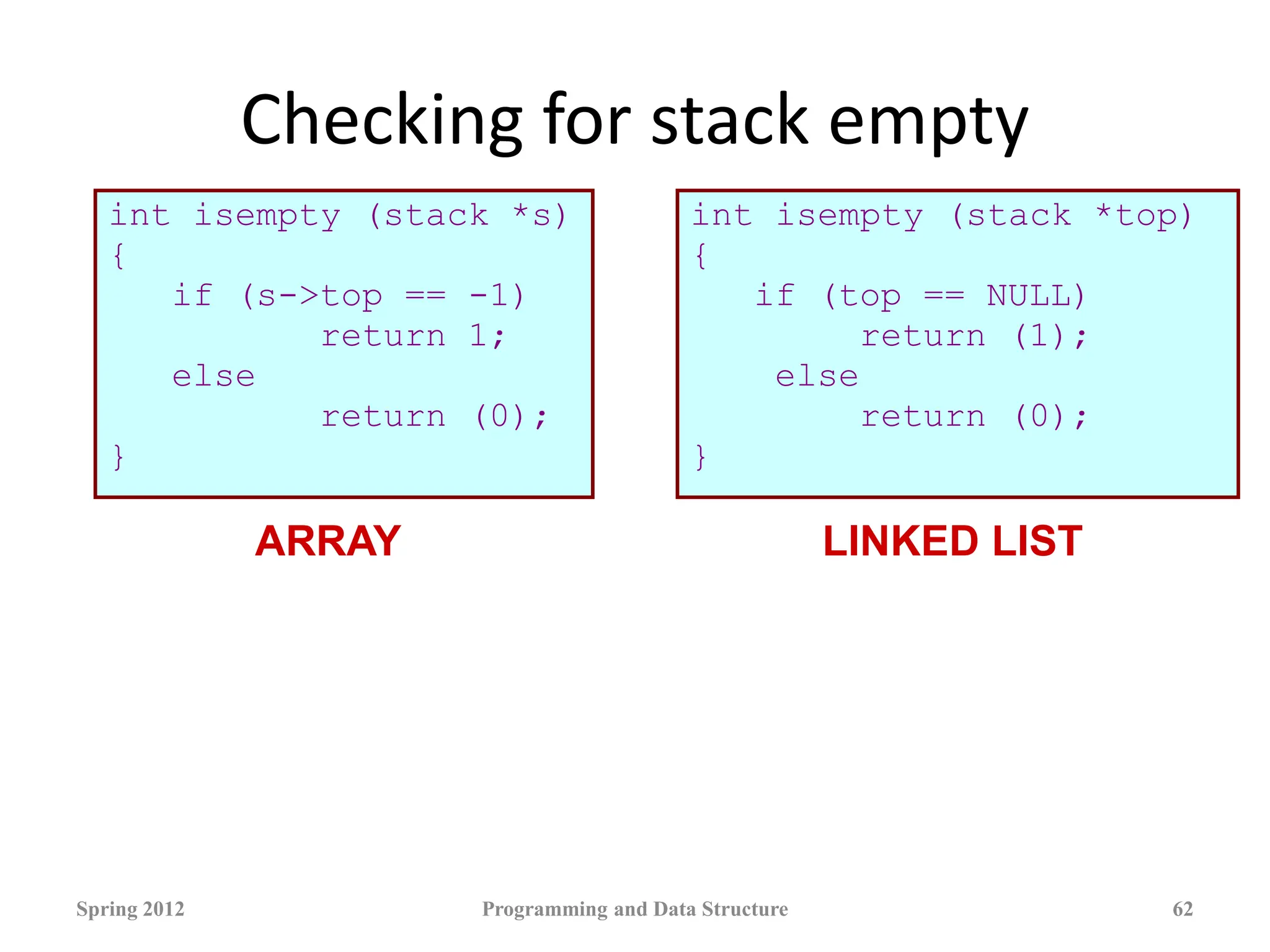 Checking for stack empty
int isempty (stack *s)
{
if (s->top == -1)
return 1;
else
return (0);
}
int isempty (stack *top)
{
if (top == NULL)
return (1);
else
return (0);
}
Spring 2012 Programming and Data Structure 62
ARRAY LINKED LIST
 