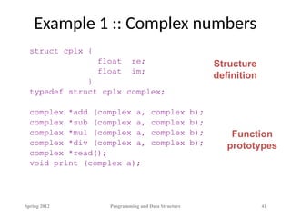 Example 1 :: Complex numbers
struct cplx {
float re;
float im;
}
typedef struct cplx complex;
complex *add (complex a, complex b);
complex *sub (complex a, complex b);
complex *mul (complex a, complex b);
complex *div (complex a, complex b);
complex *read();
void print (complex a);
Spring 2012 Programming and Data Structure 41
Structure
definition
Function
prototypes
 