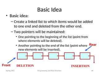 Basic Idea
• Basic idea:
– Create a linked list to which items would be added
to one end and deleted from the other end.
– Two pointers will be maintained:
• One pointing to the beginning of the list (point from
where elements will be deleted).
• Another pointing to the end of the list (point where
new elements will be inserted).
Spring 2012 Programming and Data Structure 68
Front
Rear
DELETION INSERTION
 