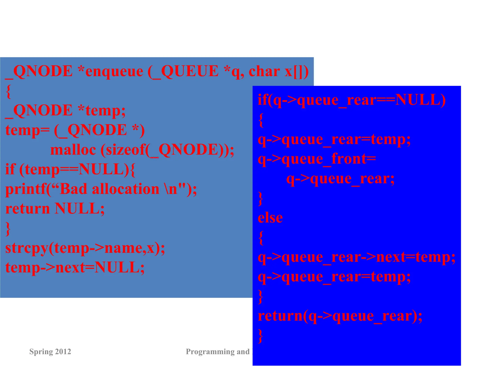 Spring 2012 Programming and Data Structure 72
_QNODE *enqueue (_QUEUE *q, char x[])
{
_QNODE *temp;
temp= (_QNODE *)
malloc (sizeof(_QNODE));
if (temp==NULL){
printf(“Bad allocation n");
return NULL;
}
strcpy(temp->name,x);
temp->next=NULL;
if(q->queue_rear==NULL)
{
q->queue_rear=temp;
q->queue_front=
q->queue_rear;
}
else
{
q->queue_rear->next=temp;
q->queue_rear=temp;
}
return(q->queue_rear);
}
 