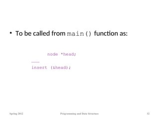 • To be called from main() function as:
node *head;
………
insert (&head);
Spring 2012 Programming and Data Structure 32
 