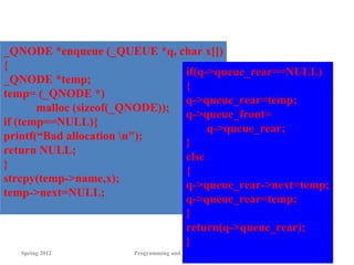 Spring 2012 Programming and Data Structure 72
_QNODE *enqueue (_QUEUE *q, char x[])
{
_QNODE *temp;
temp= (_QNODE *)
malloc (sizeof(_QNODE));
if (temp==NULL){
printf(“Bad allocation n");
return NULL;
}
strcpy(temp->name,x);
temp->next=NULL;
if(q->queue_rear==NULL)
{
q->queue_rear=temp;
q->queue_front=
q->queue_rear;
}
else
{
q->queue_rear->next=temp;
q->queue_rear=temp;
}
return(q->queue_rear);
}
 