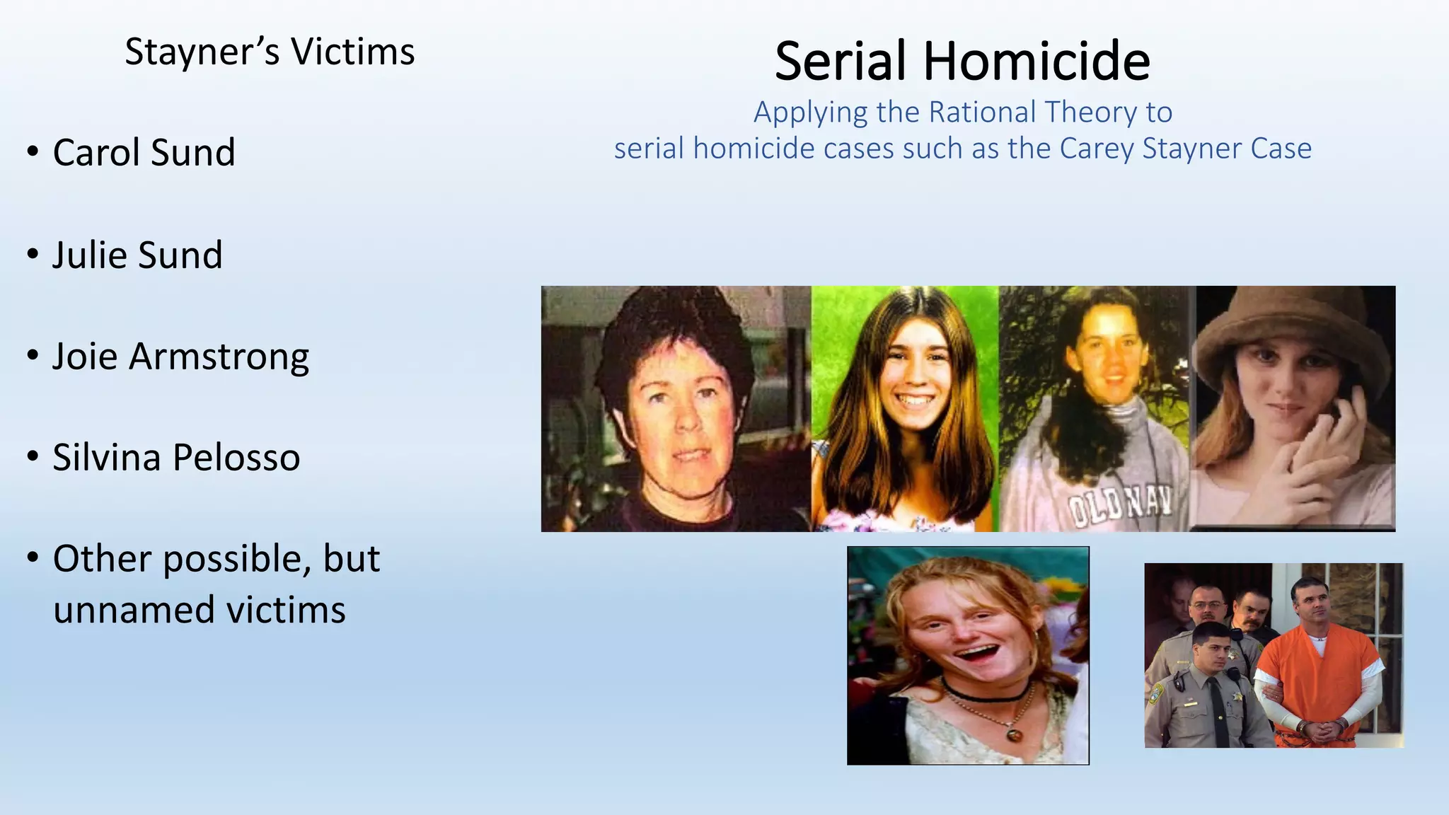 Serial	Homicide
Applying	the	Rational	Theory	to
serial	homicide	cases	such	as	the	Carey	Stayner Case
Stayner’s Victims
• Carol	Sund
• Julie	Sund
• Joie	Armstrong
• Silvina Pelosso
• Other	possible,	but	
unnamed	victims
 