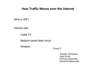 How Traffic Moves over the internet


What is ISP?


Internet with

     Cable TV

     Medium speed data circuit

     Wireless
                                 Group C

                                      Takaaki Hukasawa
                                      Saori Endo
                                      Eiichirou Miyamoto
                                      Kazuhiro Matsumoto
 