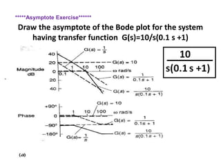 Draw the asymptote of the Bode plot for the system
having transfer function G(s)=10/s(0.1 s +1)
*****Asymptote Exercise******
 