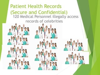 Patient Health Records
(Secure and Confidential)
120 Medical Personnel illegally access
records of celebrities
 