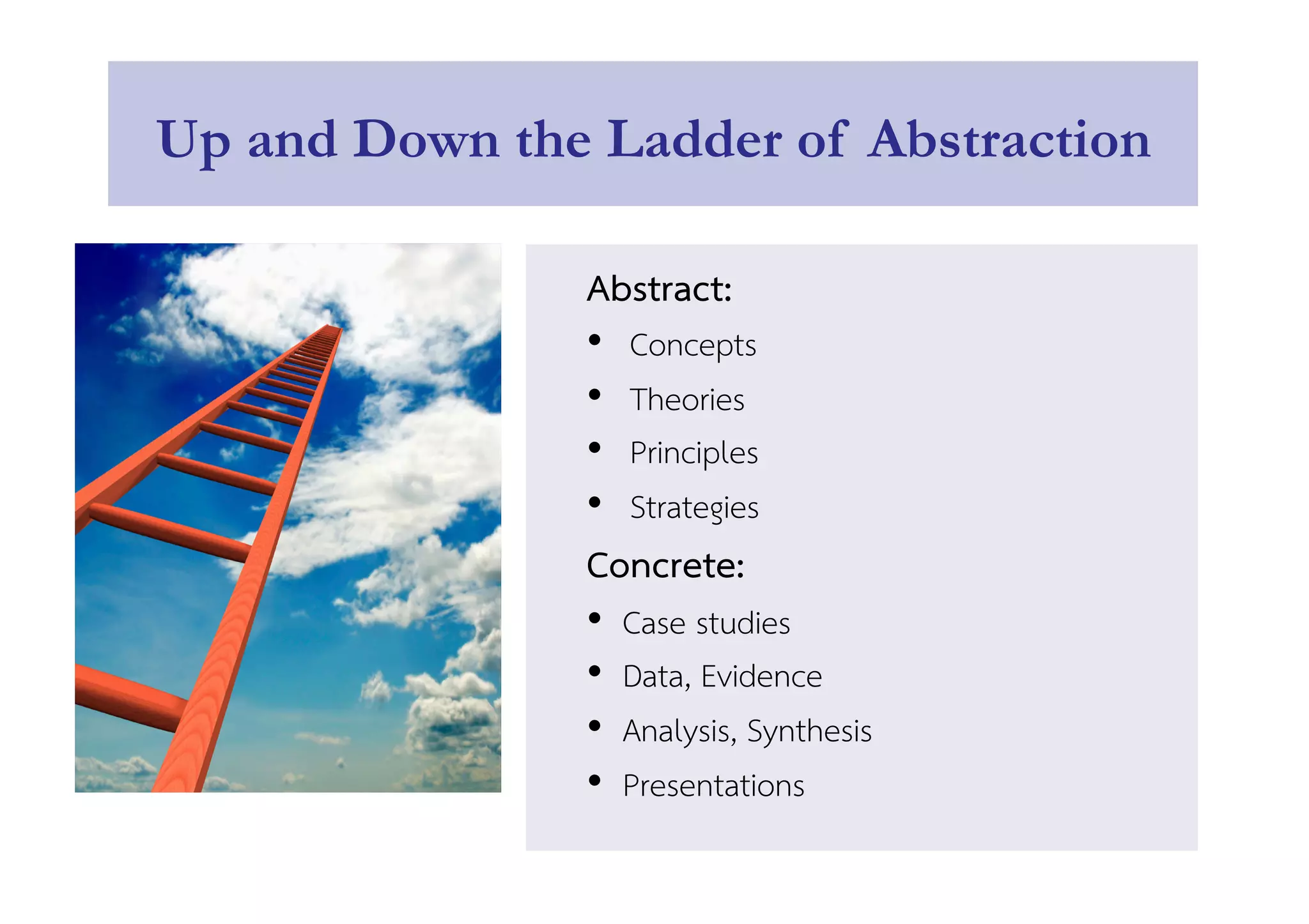 Up and Down the Ladder of Abstraction 
Abstract: 
• Concepts 
• Theories 
• Principles 
• Strategies 
Concrete: 
• Case studies 
• Data, Evidence 
• Analysis, Synthesis 
• Presentations 
 