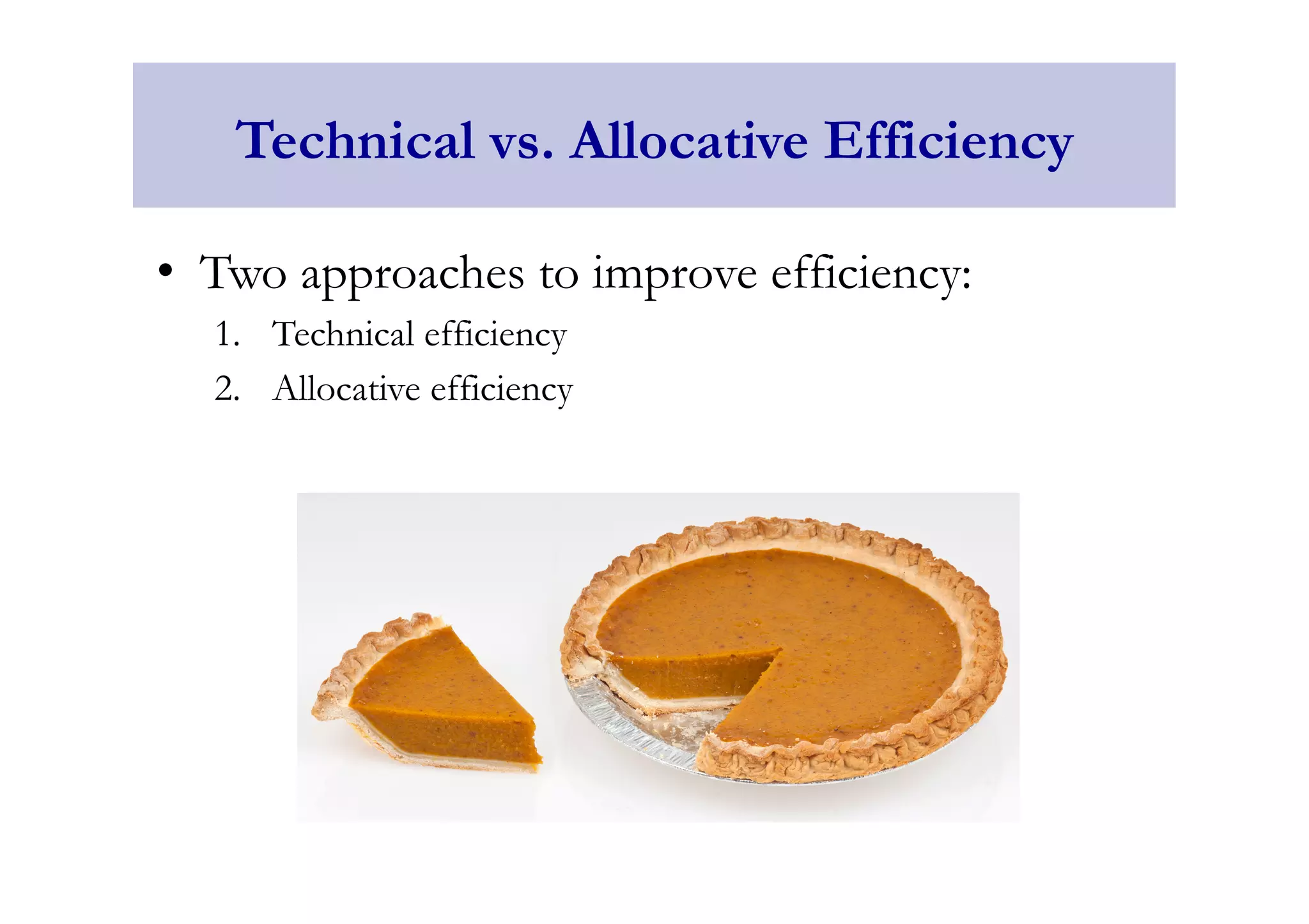 Technical vs. Allocative Efficiency 
• Two approaches to improve efficiency: 
1. Technical efficiency 
2. Allocative efficiency 
 