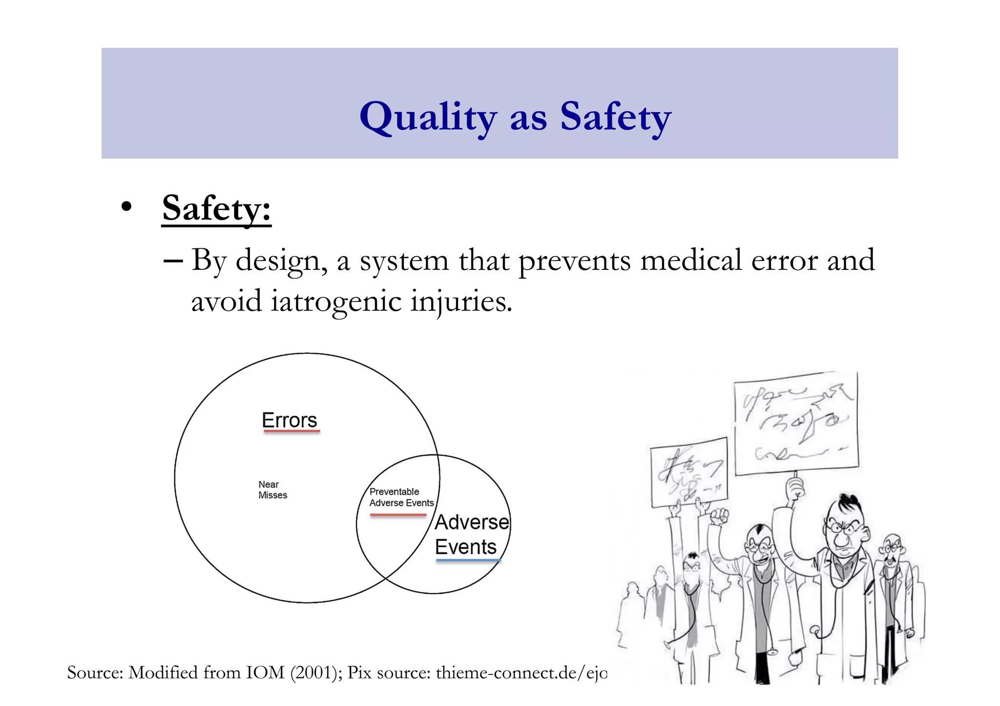 Quality as Safety 
• Safety: 
– By design, a system that prevents medical error and 
avoid iatrogenic injuries. 
Source: Modified from IOM (2001); Pix source: thieme-connect.de/ejournals; tumblr.com 
 
