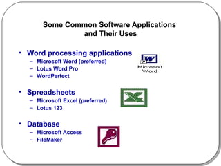 Some Common Software Applications  and Their Uses Word processing applications Microsoft Word (preferred) Lotus Word Pro WordPerfect  Spreadsheets Microsoft Excel (preferred) Lotus 123  Database Microsoft Access FileMaker 