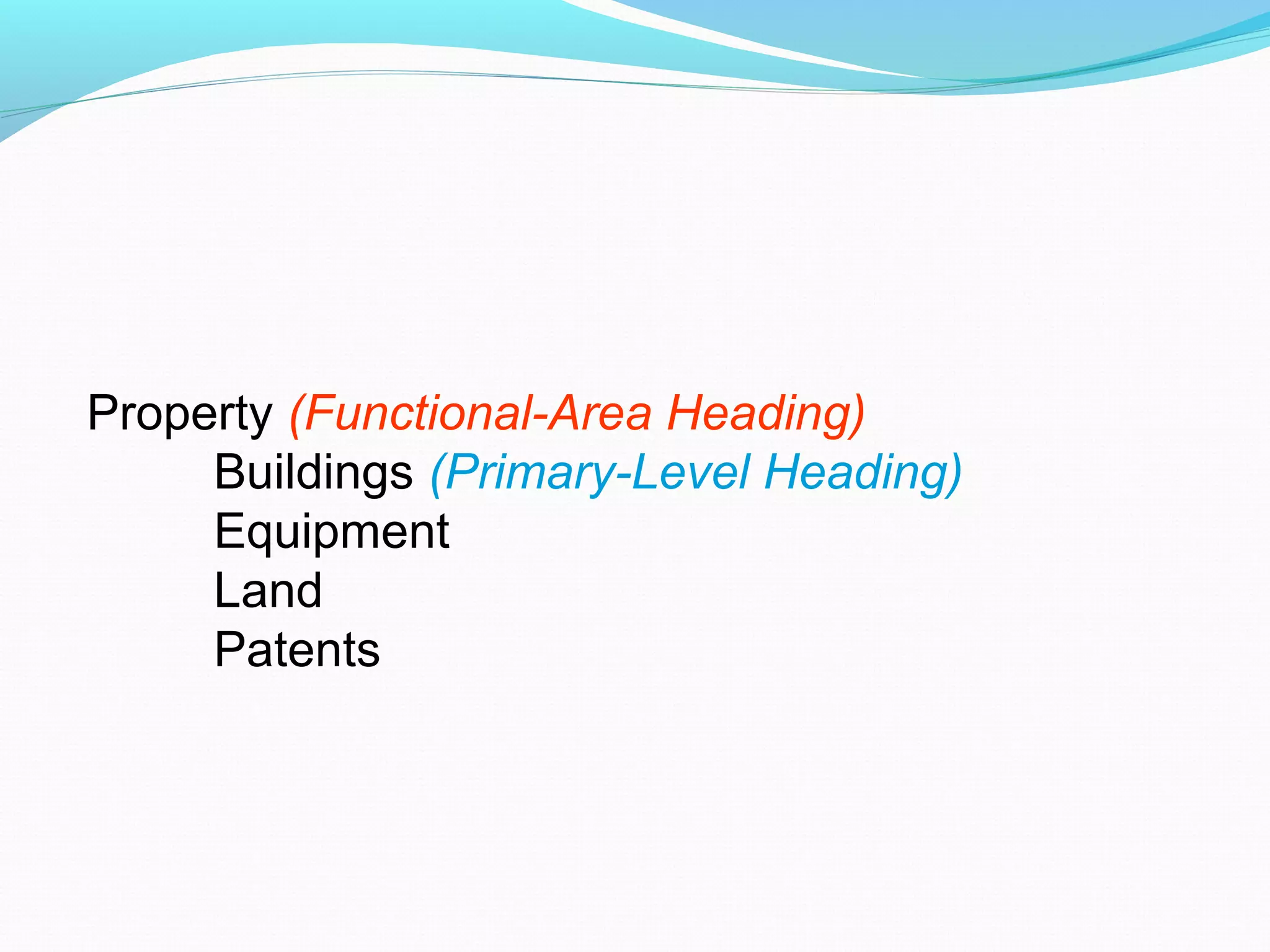 Property (Functional-Area Heading)
Buildings (Primary-Level Heading)
Equipment
Land
Patents
 