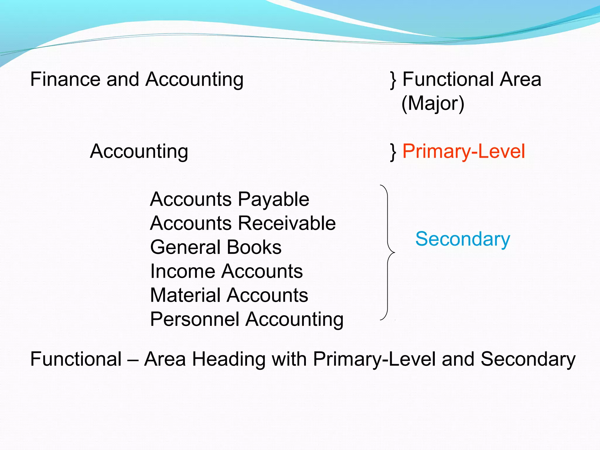 Finance and Accounting } Functional Area
(Major)
Accounting } Primary-Level
Accounts Payable
Accounts Receivable
General Books
Income Accounts
Material Accounts
Personnel Accounting
Functional – Area Heading with Primary-Level and Secondary
Secondary
 