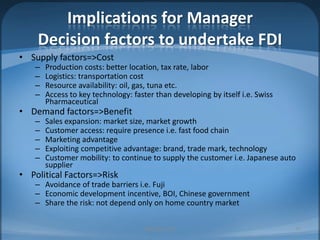 Implications for Manager Decision factors to undertake FDISupply factors=>CostProduction costs: better location, tax rate, laborLogistics: transportation costResource availability: oil, gas, tuna etc.Access to key technology: faster than developing by itself i.e. Swiss PharmaceuticalDemand factors=>BenefitSales expansion: market size, market growthCustomer access: require presence i.e. fast food chainMarketing advantageExploiting competitive advantage: brand, trade mark, technologyCustomer mobility: to continue to supply the customer i.e. Japanese auto supplierPolitical Factors=>RiskAvoidance of trade barriers i.e. FujiEconomic development incentive, BOI, Chinese governmentShare the risk: not depend only on home country marketMIB, BBA 201037