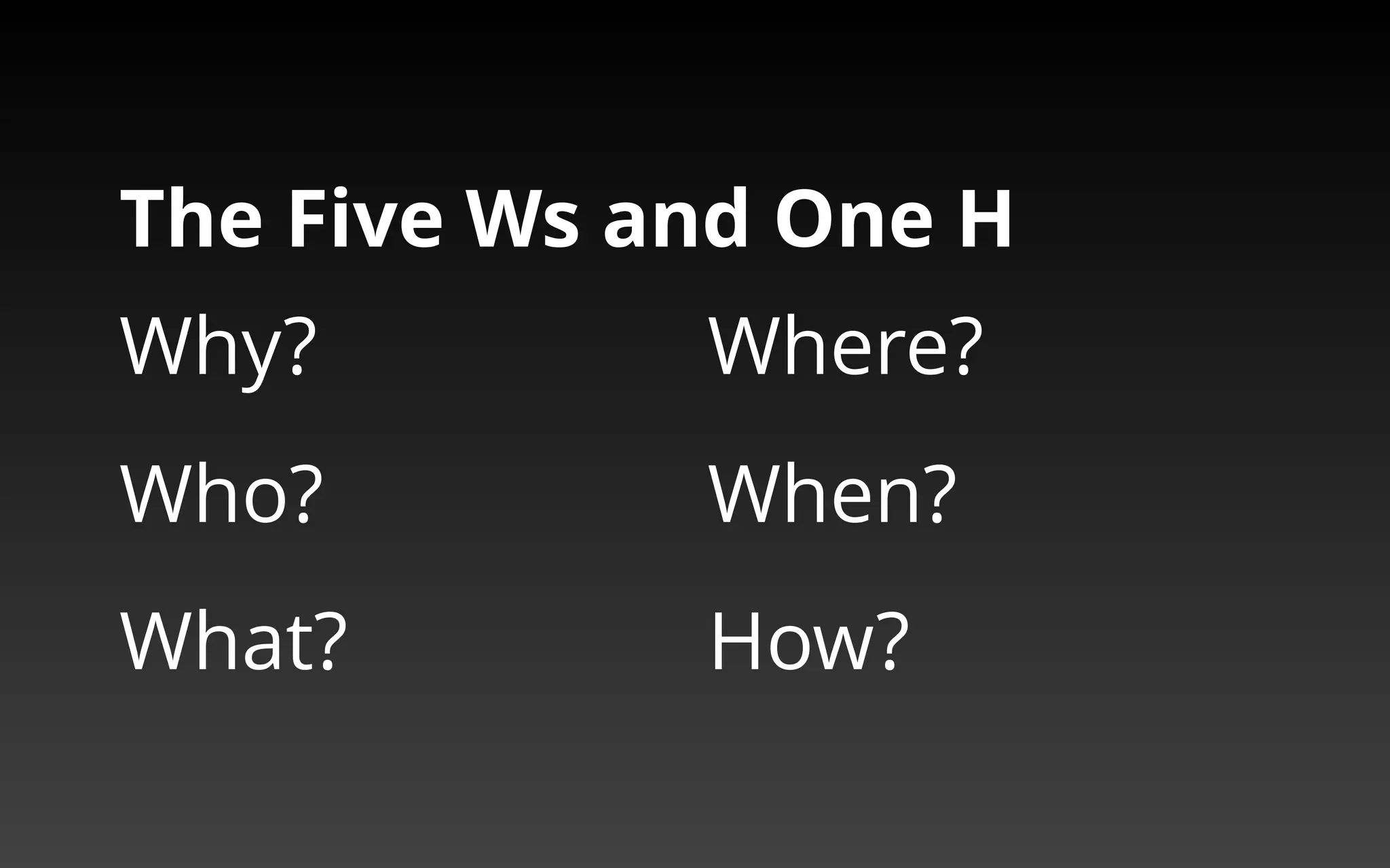 The Five Ws and One H 
Why? 
Who? 
What? 
Where? 
When? 
How? 
 