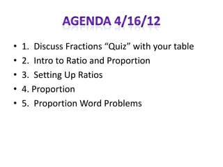 •   1. Discuss Fractions “Quiz” with your table
•   2. Intro to Ratio and Proportion
•   3. Setting Up Ratios
•   4. Proportion
•   5. Proportion Word Problems
 