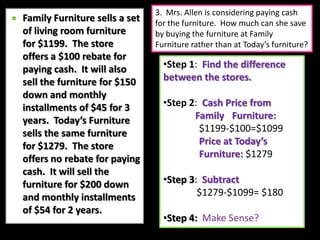 3.  Mrs. Allen is considering paying cash for the furniture.  How much can she save by buying the furniture at Family Furniture rather than at Today’s furniture?Family Furniture sells a set of living room furniture for $1199.  The store offers a $100 rebate for paying cash.  It will also sell the furniture for $150 down and monthly installments of $45 for 3 years.  Today’s Furniture sells the same furniture for $1279.  The store offers no rebate for paying cash.  It will sell the furniture for $200 down and monthly installments of $54 for 2 years.Step 1:  Find the difference between the stores.