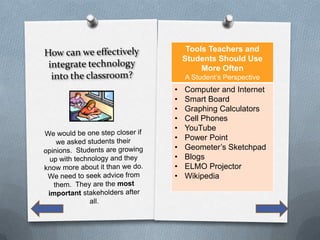 Tools Teachers and
    Students Should Use
         More Often
    A Student’s Perspective
•   Computer and Internet
•   Smart Board
•   Graphing Calculators
•   Cell Phones
•   YouTube
•   Power Point
•   Geometer’s Sketchpad
•   Blogs
•   ELMO Projector
•   Wikipedia
 