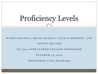 Proficiency Levels 
RAMON BATISTA, BRIAN HANSEN, TAUNYA HOPKINS, AND 
ASHLEY REUTER 
SEI / 500 STRUCTURED ENGLISH IMMERSION 
OCTOBER 13, 2014 
PROFESSOR LYNN OKAMURA 
 