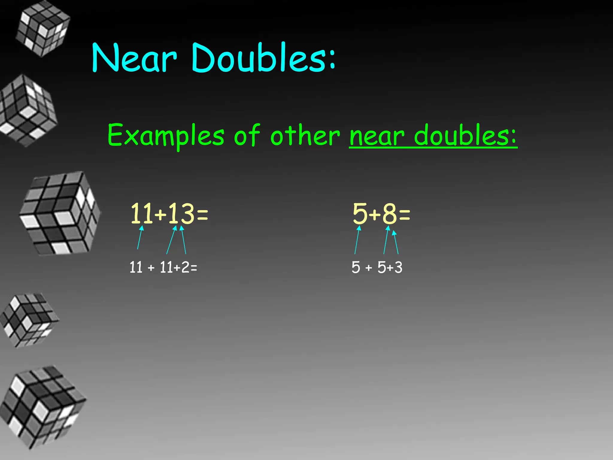 Near Doubles:
Examples of other near doubles:

  11+13=          5+8=
  11 + 11+2=      5 + 5+3
 