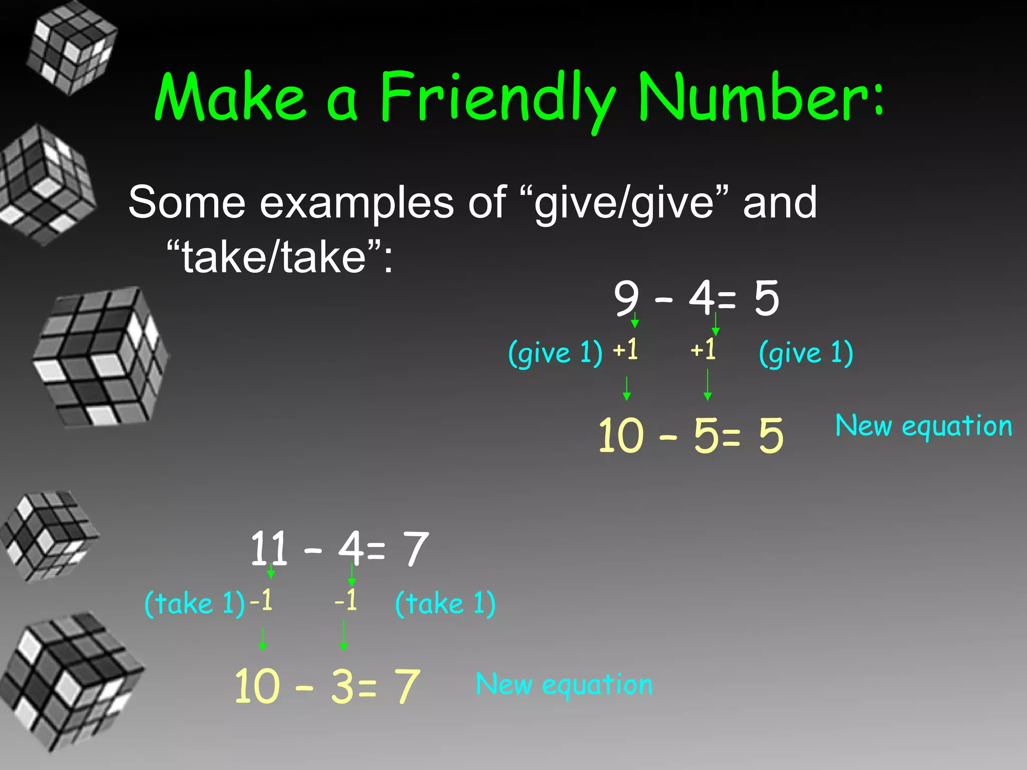 Make a Friendly Number:
Some examples of “give/give” and
 “take/take”:
                      9 – 4= 5
                              (give 1) +1   +1   (give 1)


                                     10 – 5= 5         New equation



        11 – 4= 7
(take 1) -1   -1   (take 1)


       10 – 3= 7         New equation
 